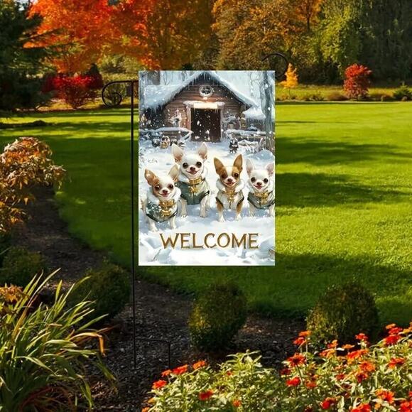 Chihuahua Dogs Welcome Flag Banner for Lawn and Garden • Christmas Winter Theme - Picture 3 of 8
